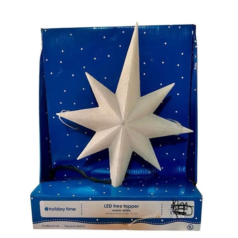 Holiday Time White Glitter LED Tree Topper Warm White Lights 11 in NWT Christmas